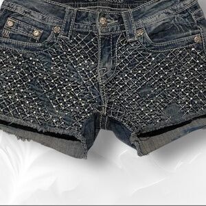 Low Rise Miss Me Rhinestone Demin Short featuring intricate embellishments